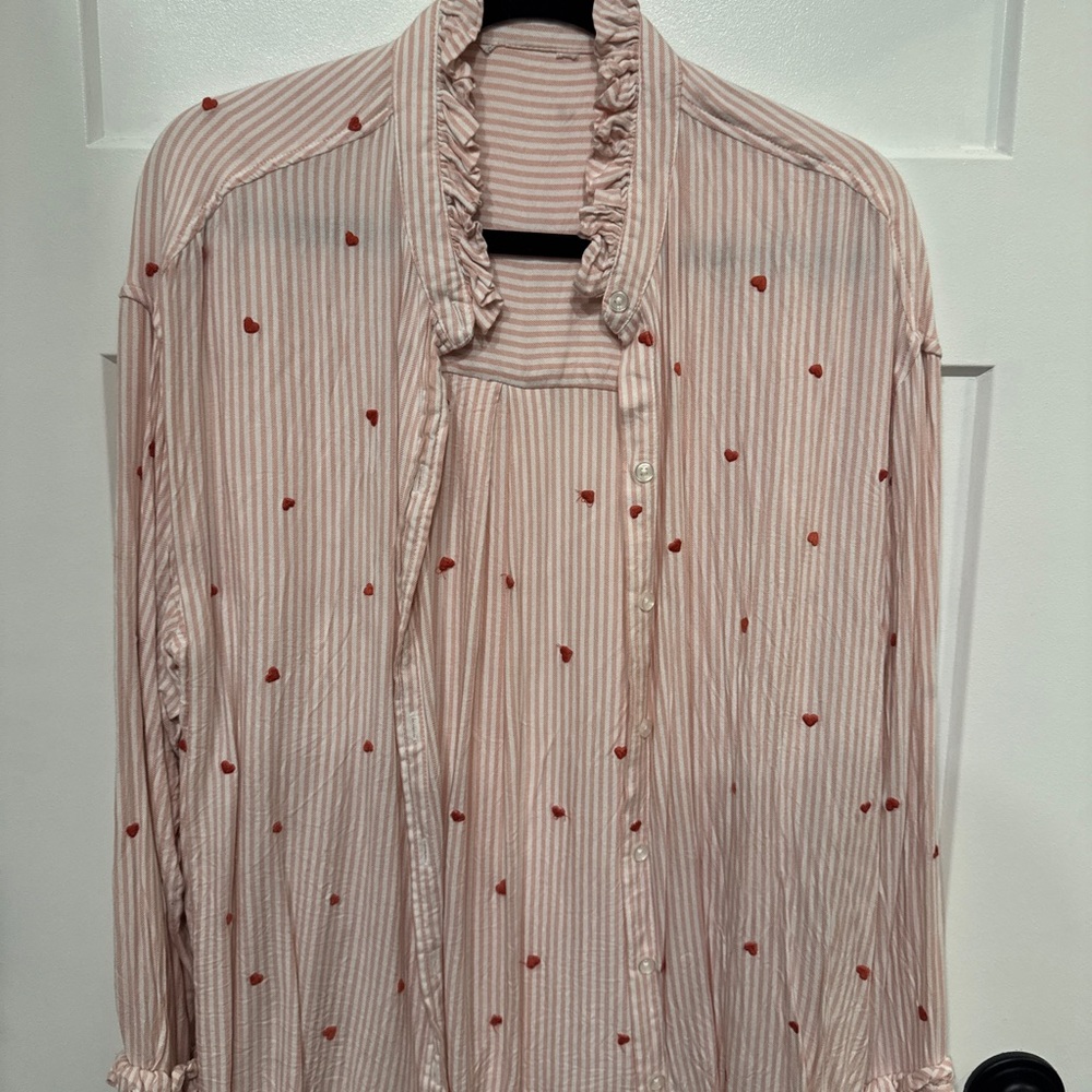 Pink Striped Ruffle Blouse with Red Hearts